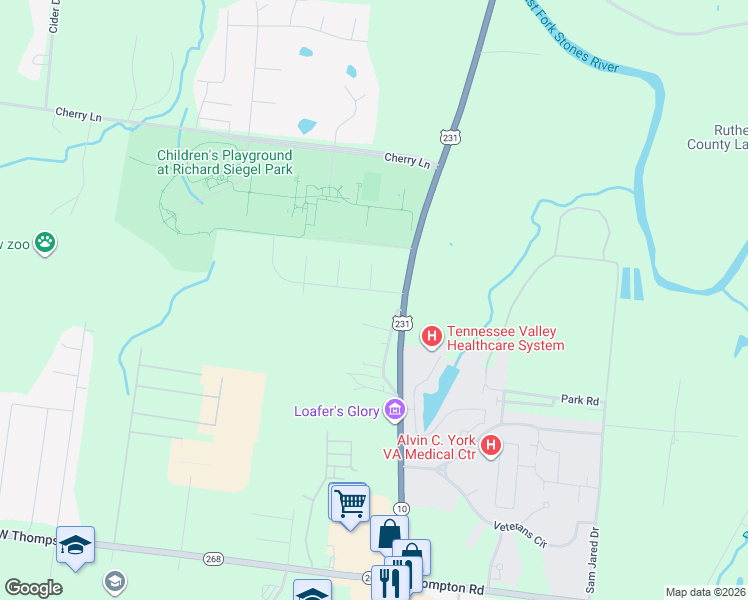 map of restaurants, bars, coffee shops, grocery stores, and more near 135 Fairmont Drive in Murfreesboro