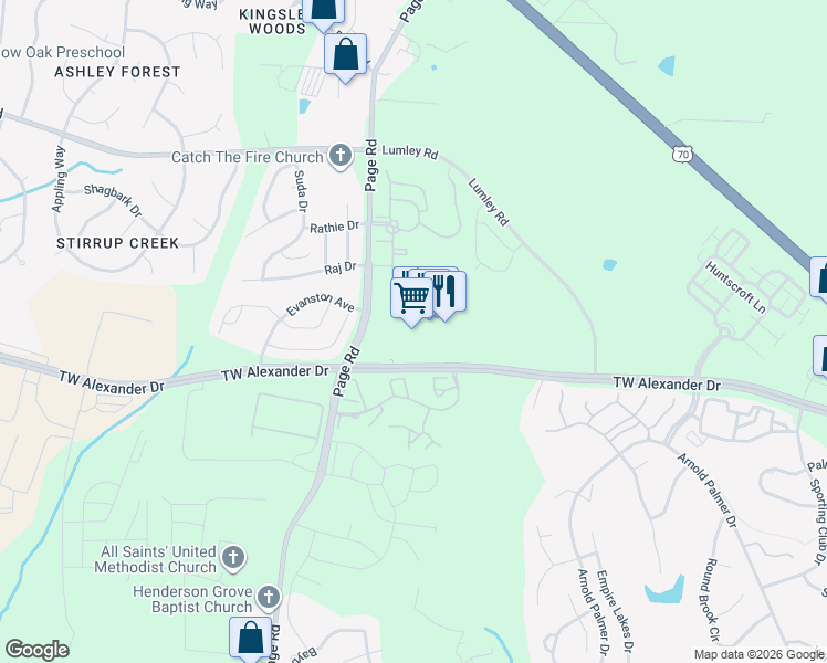 map of restaurants, bars, coffee shops, grocery stores, and more near 2121 TW Alexander Drive in Morrisville