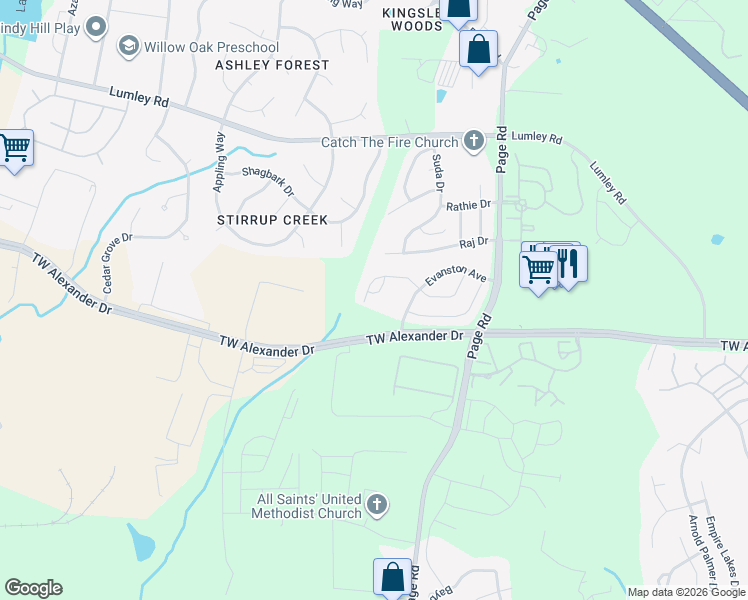map of restaurants, bars, coffee shops, grocery stores, and more near 360 Westgrove Court in Durham