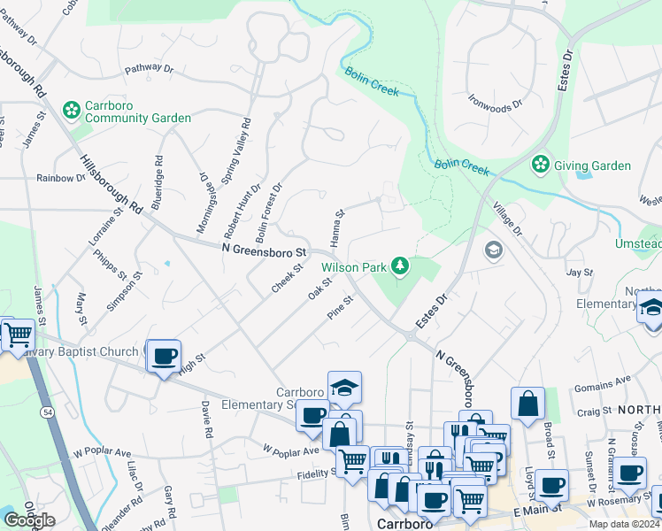 map of restaurants, bars, coffee shops, grocery stores, and more near 1300 North Greensboro Street in Carrboro