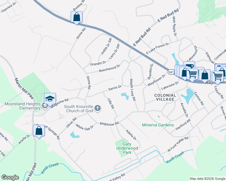 map of restaurants, bars, coffee shops, grocery stores, and more near 309 Sarvis Drive in Knoxville