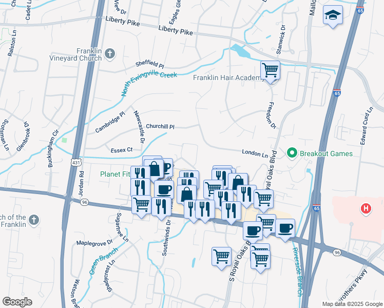 map of restaurants, bars, coffee shops, grocery stores, and more near 206 London Lane in Franklin