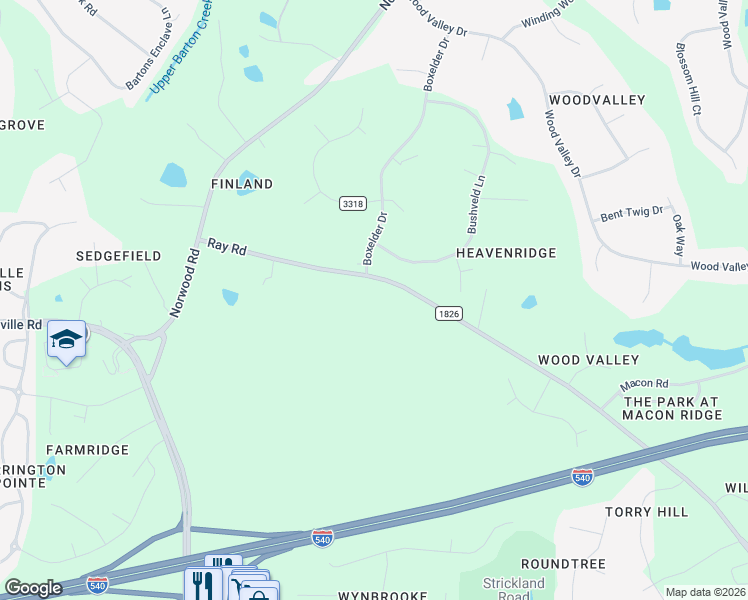 map of restaurants, bars, coffee shops, grocery stores, and more near 10317 Ray Road in Raleigh