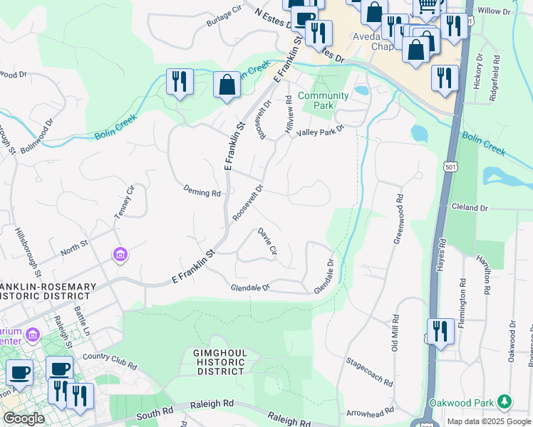 map of restaurants, bars, coffee shops, grocery stores, and more near 205 Marilyn Lane in Chapel Hill