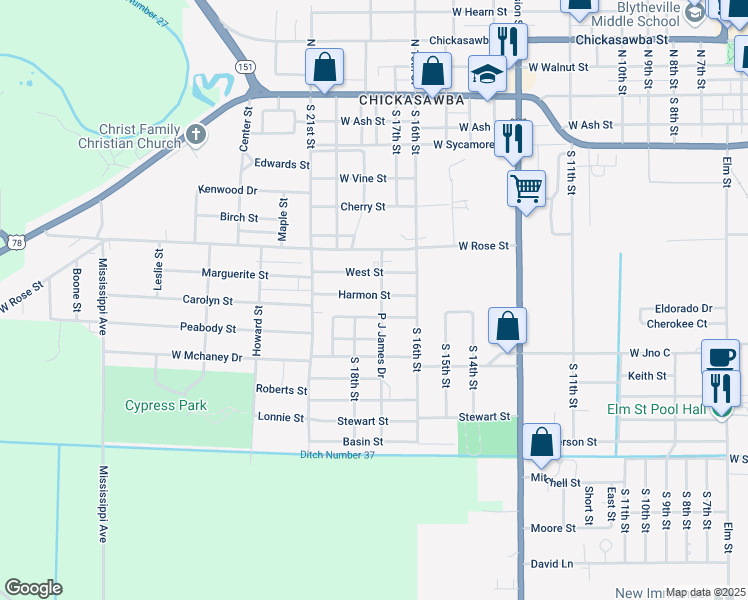 map of restaurants, bars, coffee shops, grocery stores, and more near 1707 Harmon Street in Blytheville