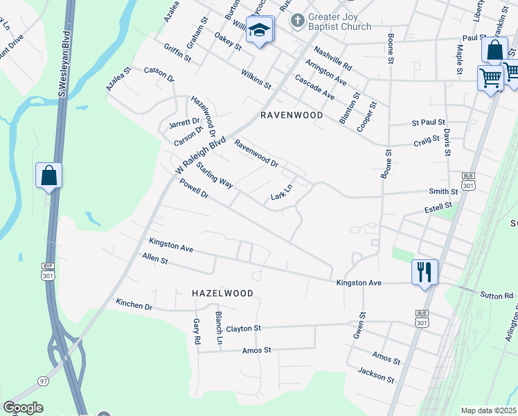 map of restaurants, bars, coffee shops, grocery stores, and more near 600 Starling Way in Rocky Mount