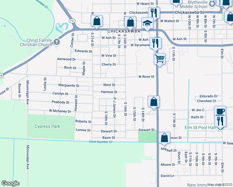 map of restaurants, bars, coffee shops, grocery stores, and more near 1707 Harmon Street in Blytheville