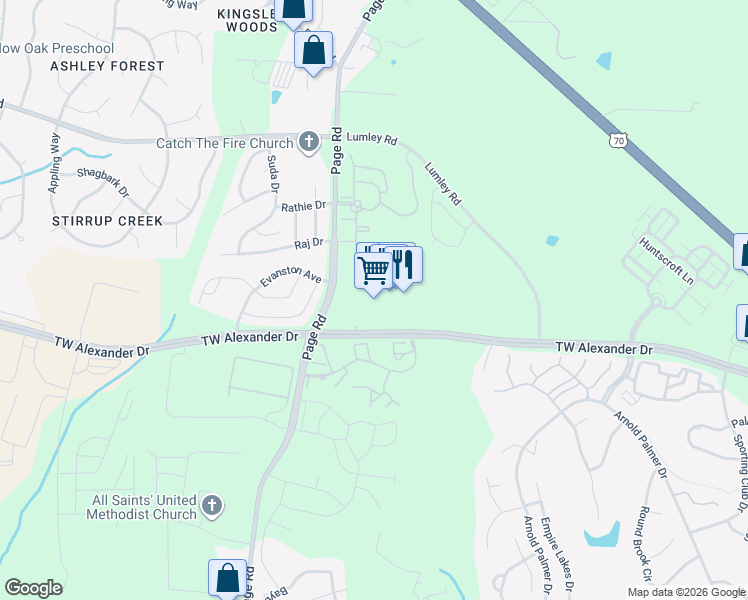 map of restaurants, bars, coffee shops, grocery stores, and more near 2121 T W Alexander Drive in Morrisville