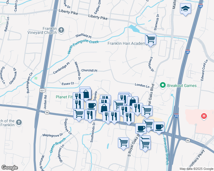 map of restaurants, bars, coffee shops, grocery stores, and more near 1020 Harmony Hills Drive in Franklin