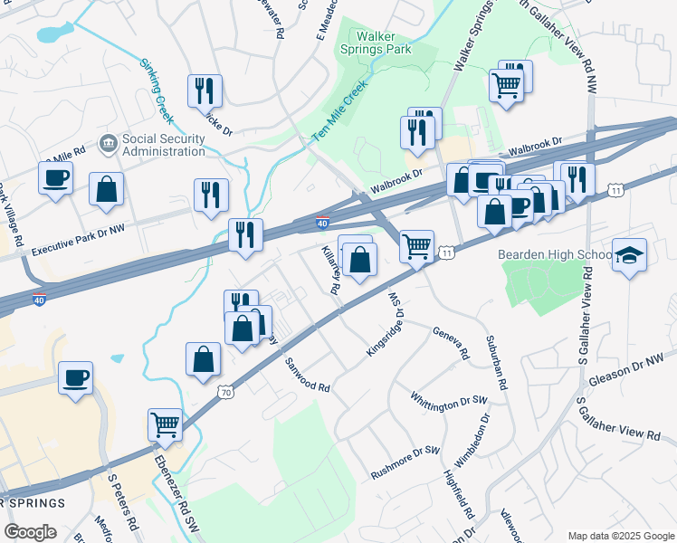 map of restaurants, bars, coffee shops, grocery stores, and more near Killarney Road in Knoxville