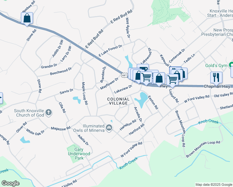map of restaurants, bars, coffee shops, grocery stores, and more near 122 Lakeview Drive in Knoxville