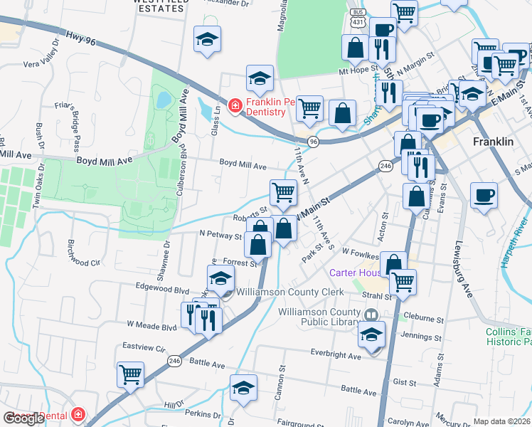map of restaurants, bars, coffee shops, grocery stores, and more near 407 Roberts Street in Franklin