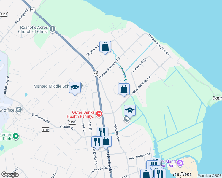 map of restaurants, bars, coffee shops, grocery stores, and more near 139 Arbor Drive in Manteo