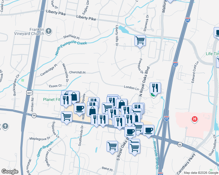 map of restaurants, bars, coffee shops, grocery stores, and more near 210 London Lane in Franklin