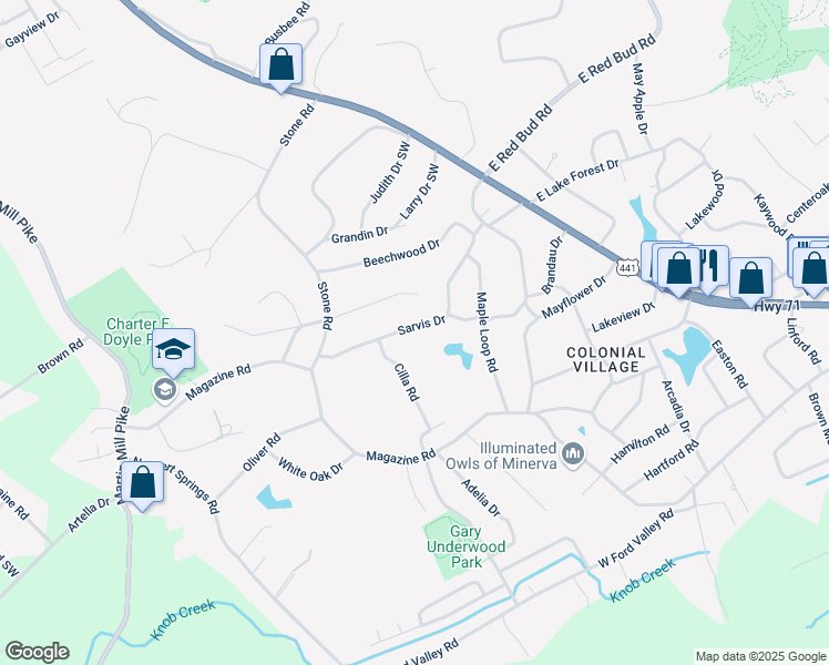 map of restaurants, bars, coffee shops, grocery stores, and more near 304 Sarvis Drive in Knoxville