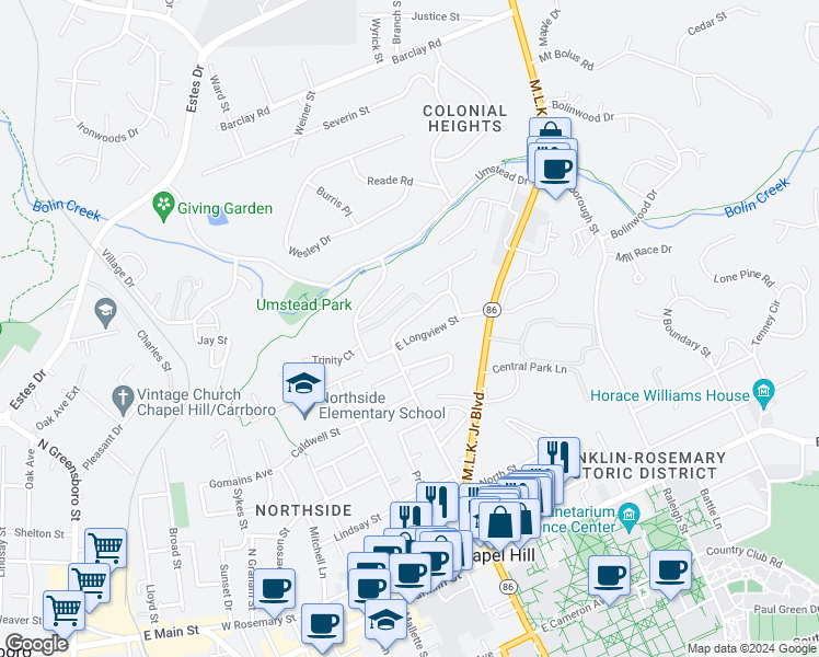 map of restaurants, bars, coffee shops, grocery stores, and more near 718 North Columbia Street in Chapel Hill