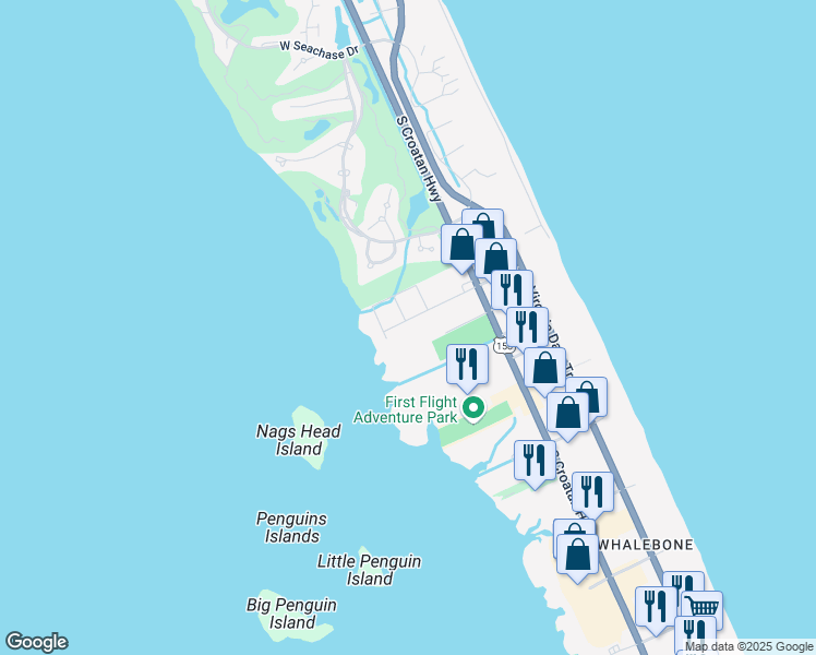 map of restaurants, bars, coffee shops, grocery stores, and more near 311 West Lakeside Street in Kill Devil Hills