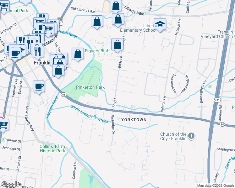 map of restaurants, bars, coffee shops, grocery stores, and more near 431 Eddy Lane in Franklin