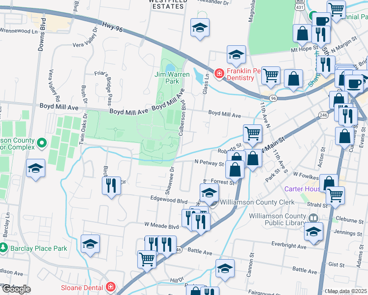 map of restaurants, bars, coffee shops, grocery stores, and more near 601 Boyd Mill Avenue in Franklin