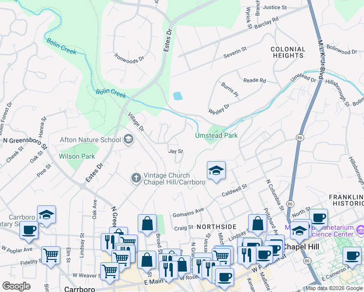 map of restaurants, bars, coffee shops, grocery stores, and more near 21 Bluff Trail in Chapel Hill