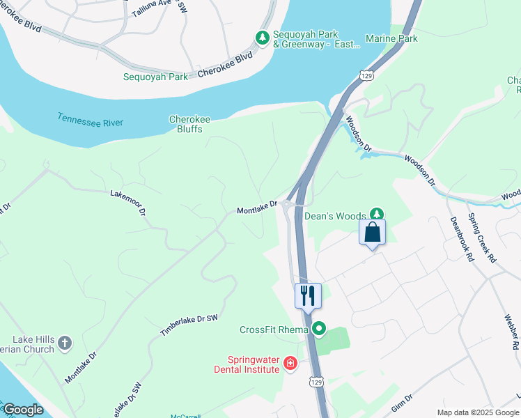 map of restaurants, bars, coffee shops, grocery stores, and more near 3207 Montlake Drive in Knoxville