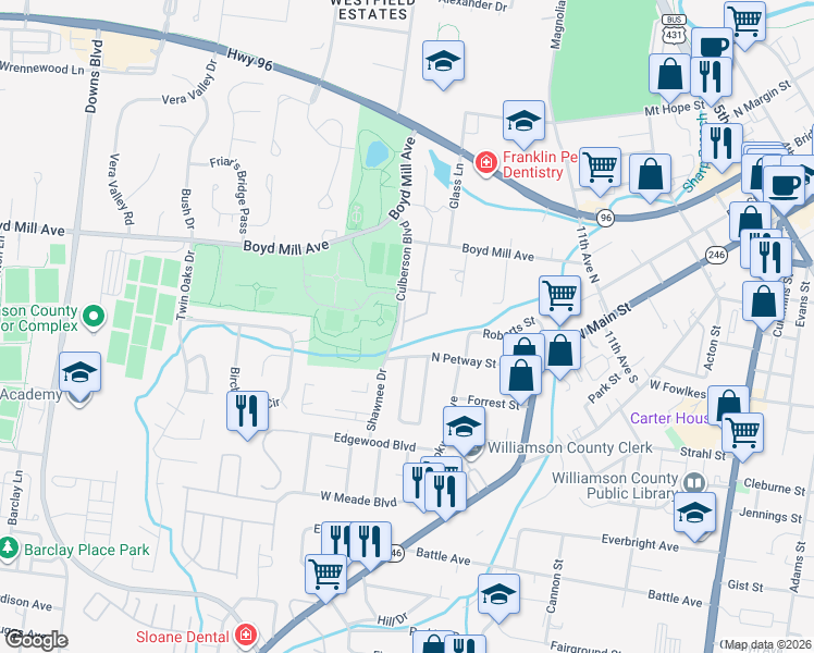 map of restaurants, bars, coffee shops, grocery stores, and more near 601 Boyd Mill Avenue in Franklin