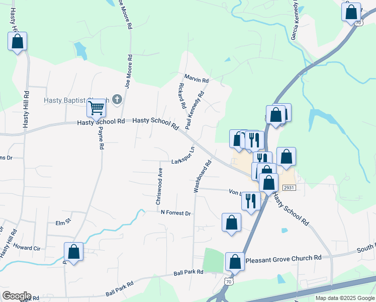 map of restaurants, bars, coffee shops, grocery stores, and more near 102 Larkspur Lane in Thomasville