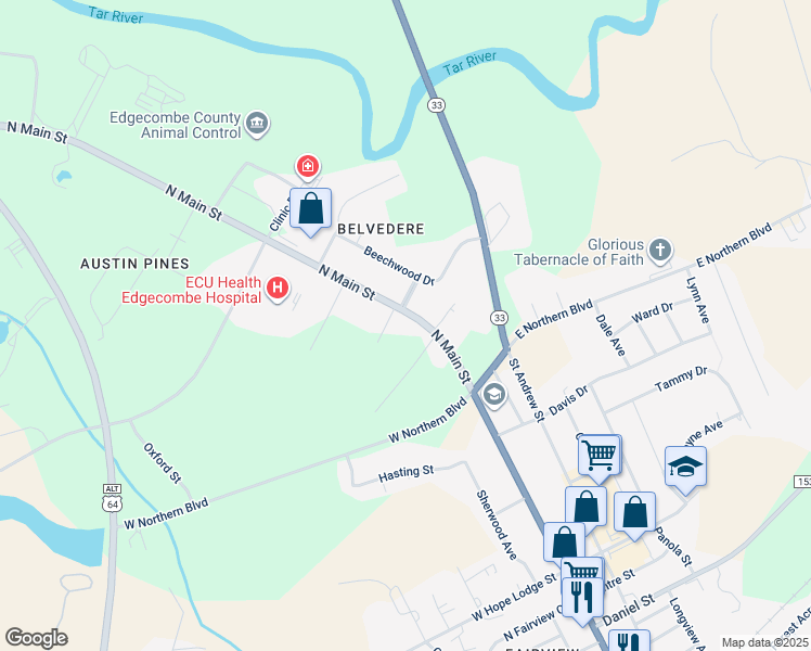 map of restaurants, bars, coffee shops, grocery stores, and more near 2508 North Main Street in Tarboro