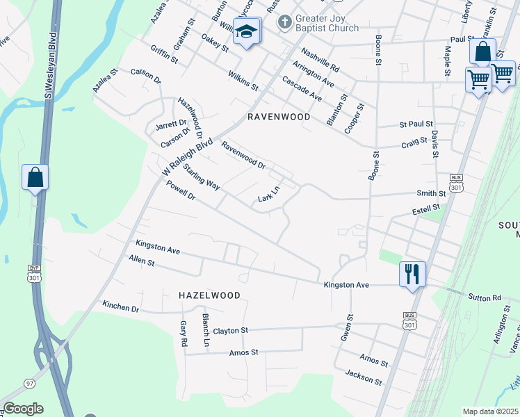 map of restaurants, bars, coffee shops, grocery stores, and more near 573 Starling Way in Rocky Mount