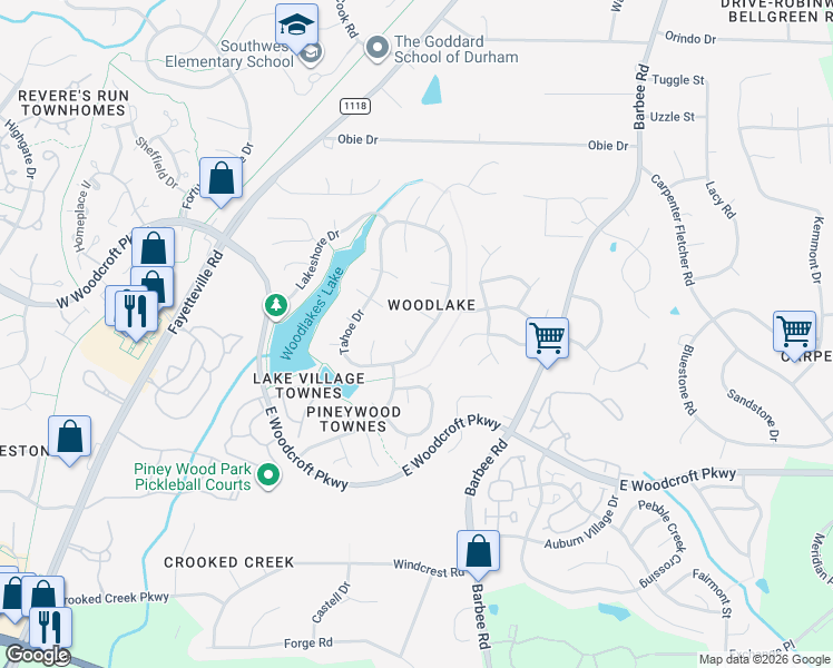map of restaurants, bars, coffee shops, grocery stores, and more near 5916 Tahoe Dr in Durham