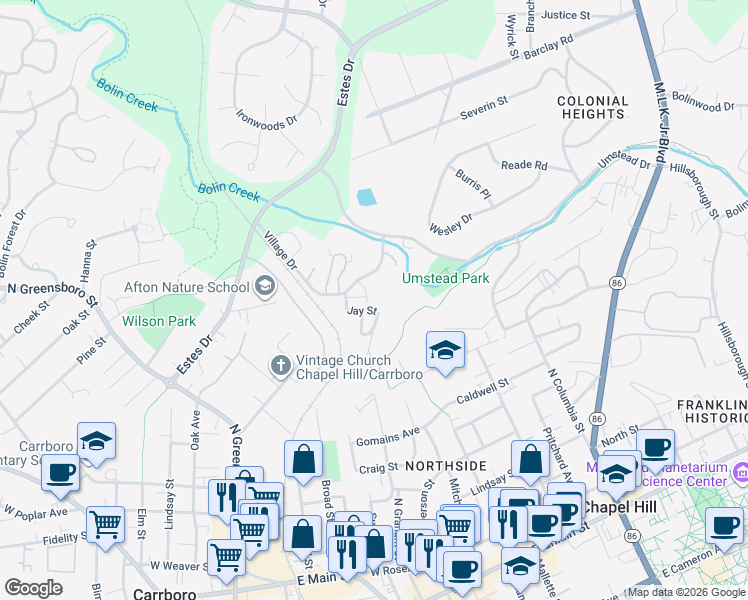 map of restaurants, bars, coffee shops, grocery stores, and more near 21 Bluff Trail in Chapel Hill
