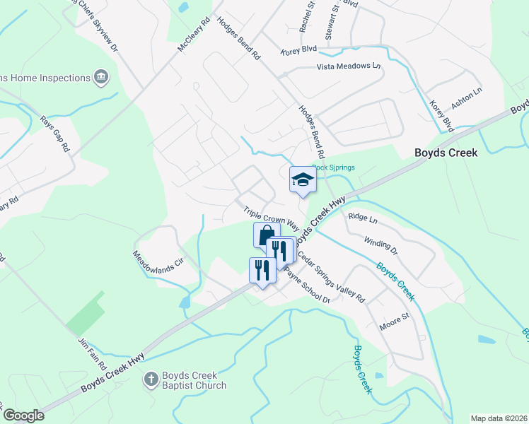 map of restaurants, bars, coffee shops, grocery stores, and more near 2502 Derby Way in Sevierville