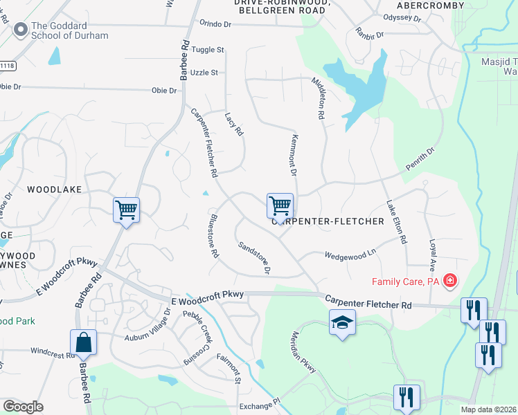 map of restaurants, bars, coffee shops, grocery stores, and more near 549 Bluestone Road in Durham