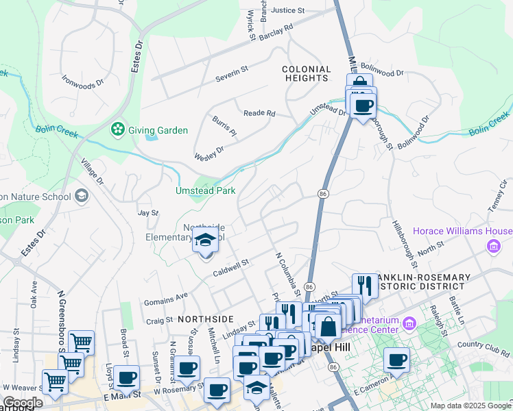 map of restaurants, bars, coffee shops, grocery stores, and more near 701 North Columbia Street in Chapel Hill