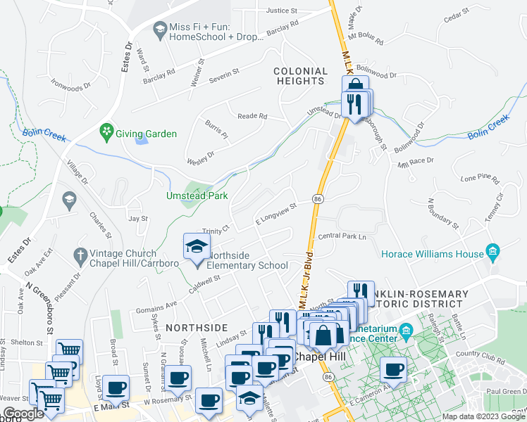 map of restaurants, bars, coffee shops, grocery stores, and more near 716 North Columbia Street in Chapel Hill