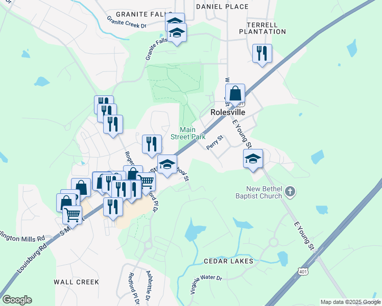 map of restaurants, bars, coffee shops, grocery stores, and more near 205 S Main St in Rolesville