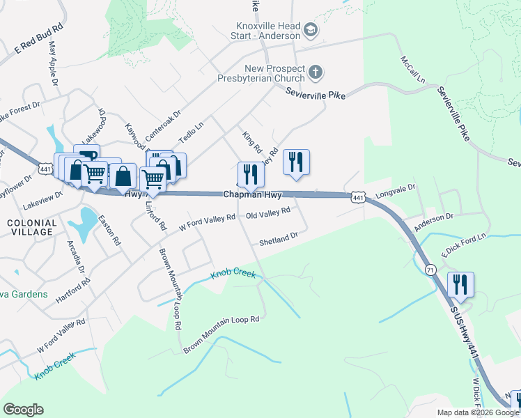 map of restaurants, bars, coffee shops, grocery stores, and more near 6421 Old Valley Road in Knoxville