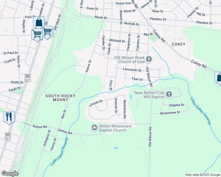 map of restaurants, bars, coffee shops, grocery stores, and more near 1731 Branch Street in Rocky Mount
