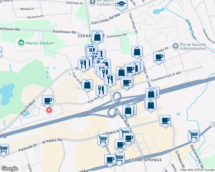 map of restaurants, bars, coffee shops, grocery stores, and more near 135 North Cedar Bluff Road in Knoxville