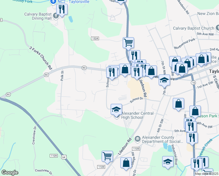 map of restaurants, bars, coffee shops, grocery stores, and more near 15 Milstead Woods Court in Township of Taylorsville