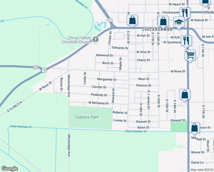 map of restaurants, bars, coffee shops, grocery stores, and more near 2216 Carolyn Street in Blytheville