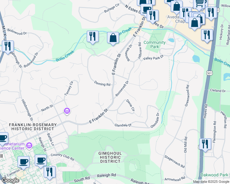 map of restaurants, bars, coffee shops, grocery stores, and more near 905 Roosevelt Drive in Chapel Hill