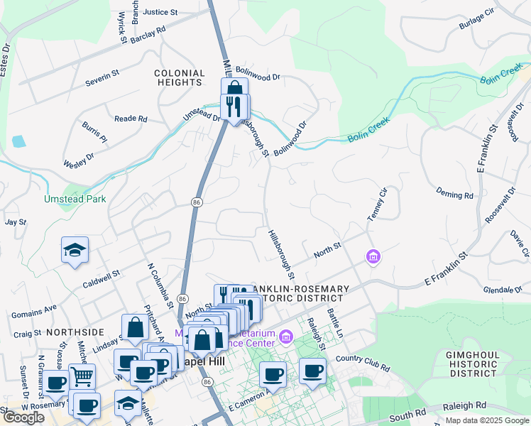 map of restaurants, bars, coffee shops, grocery stores, and more near 430 Hillsborough Street in Chapel Hill