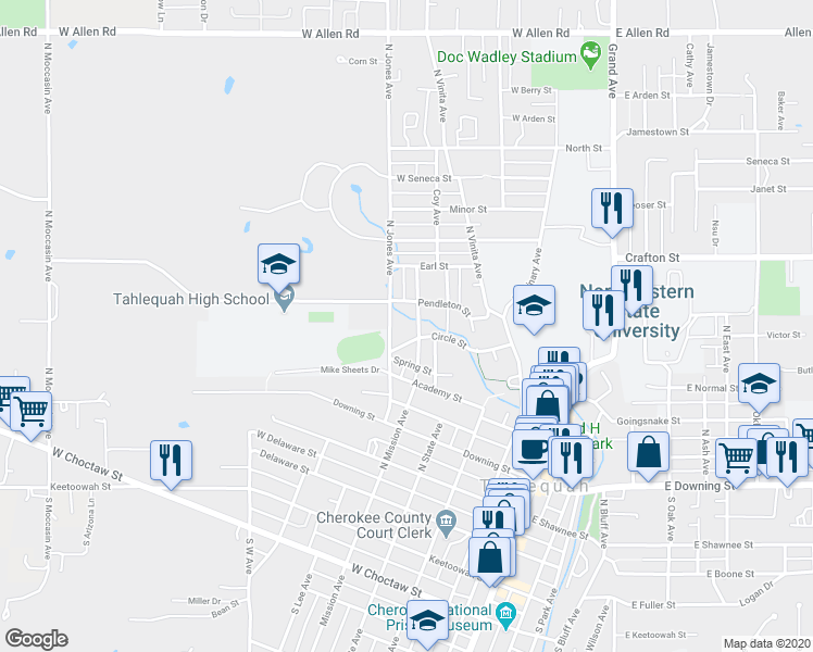 map of restaurants, bars, coffee shops, grocery stores, and more near 609 Russell Avenue in Tahlequah