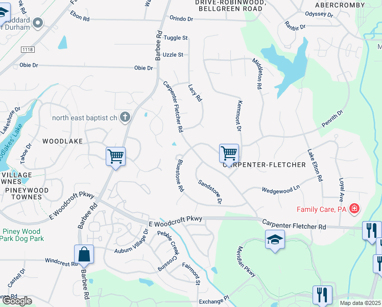 map of restaurants, bars, coffee shops, grocery stores, and more near 701 Bluestone Road in Durham