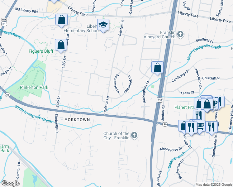 map of restaurants, bars, coffee shops, grocery stores, and more near 249 Scotsman Lane in Franklin