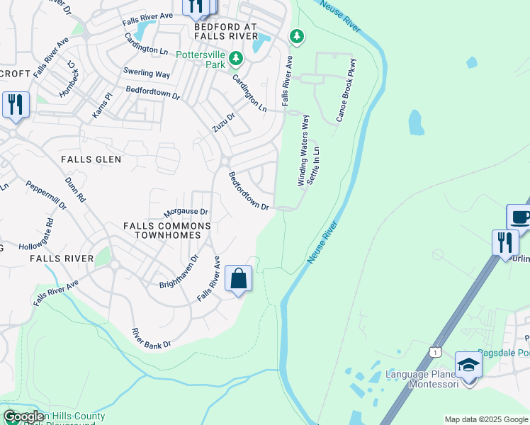 map of restaurants, bars, coffee shops, grocery stores, and more near 10872 Bedfordtown Drive in Raleigh