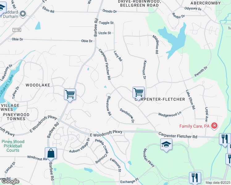 map of restaurants, bars, coffee shops, grocery stores, and more near 701 Bluestone Road in Durham