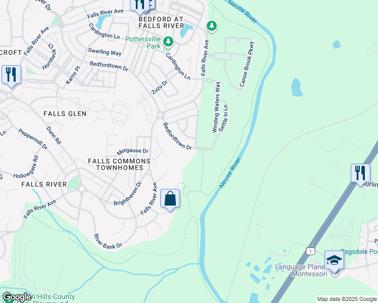 map of restaurants, bars, coffee shops, grocery stores, and more near 10872 Bedfordtown Drive in Raleigh