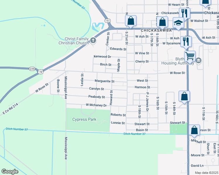 map of restaurants, bars, coffee shops, grocery stores, and more near 2216 Carolyn Street in Blytheville